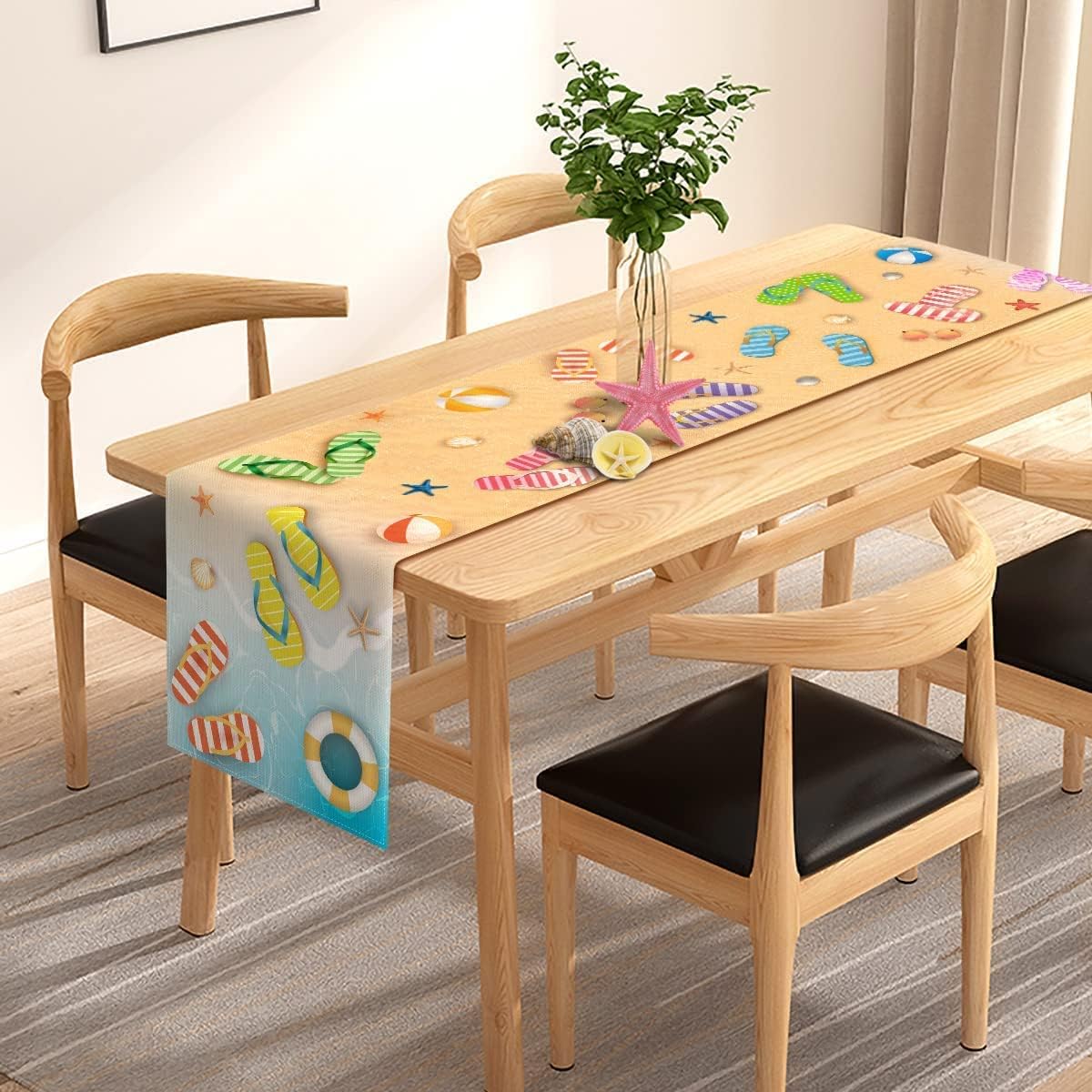Summer Beach Table Runner Flip Flops Seaside Theme Birthday Seasonal Holiday Party Kitchen Dining Room Home Decorations (13" x 60")