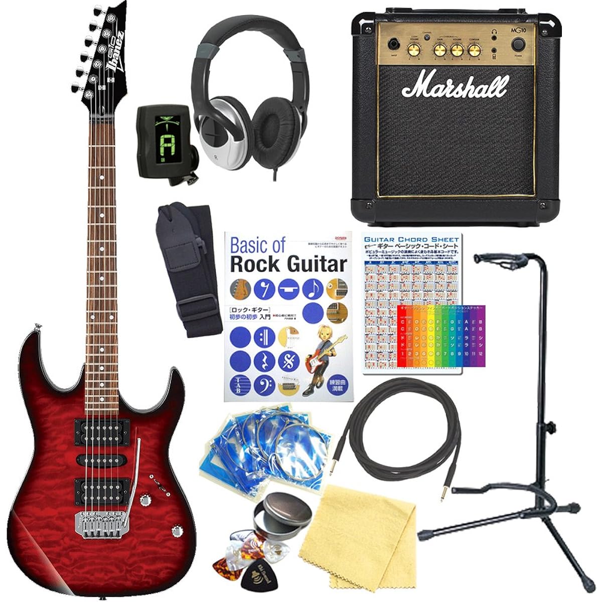 Ibanez GRX70QA TRB Electric Guitar with Marshall Amplifier, Beginner's 15-piece Set