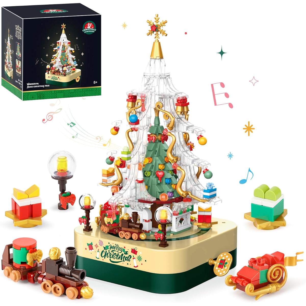 Mov stone Christmas Tree Building Set Compatible with Lego Christmas Tree Music Box, Christmas Home Decoration, Christmas Festival Gift for Kids and Adults