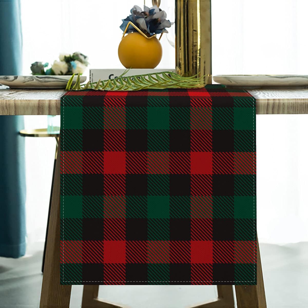 Rainlemon Christmas Buffalo Check Plaid Table Runner Linen Red Green Black Winter Rustic Kitchen Dining Room Decoration