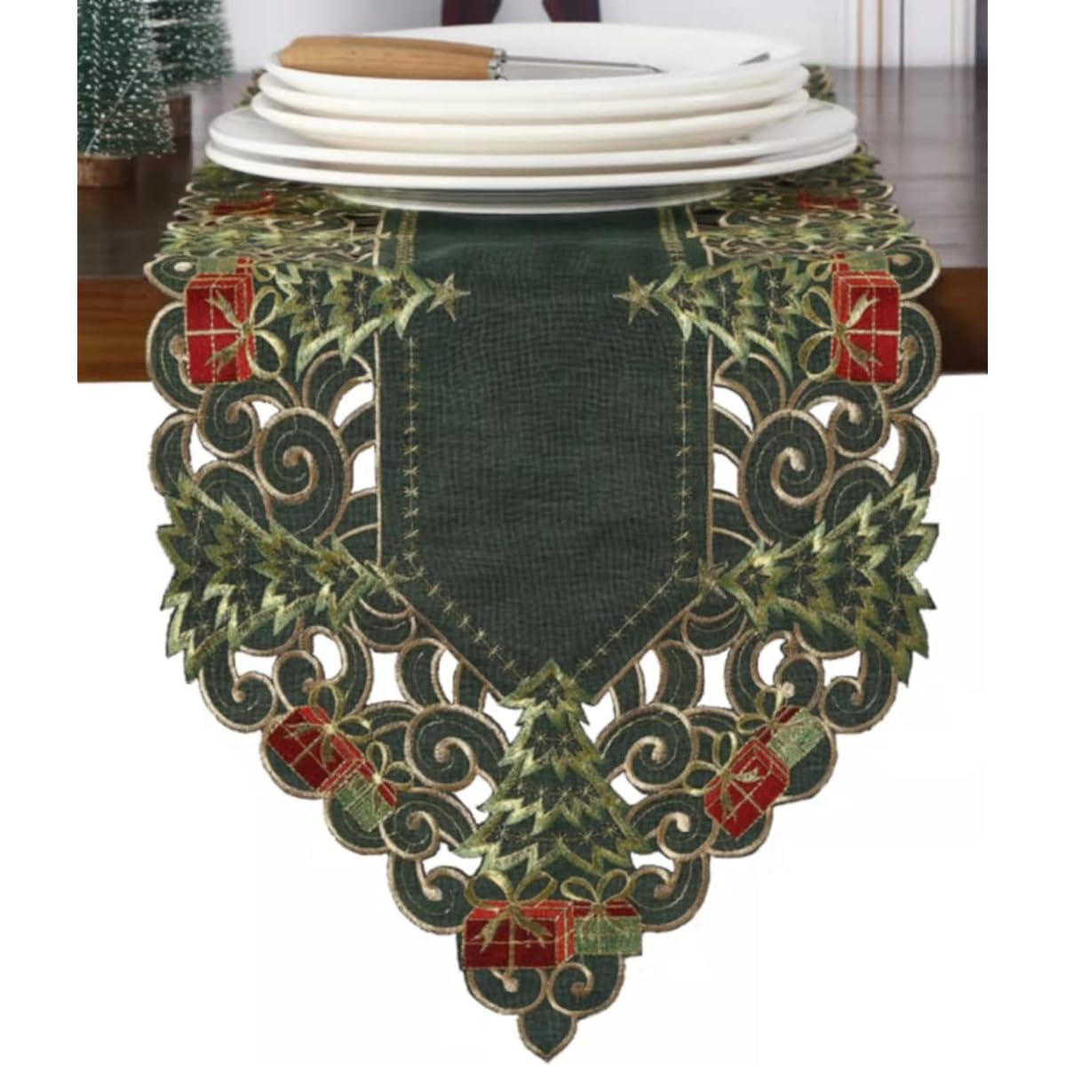 GRANDDECO Christmas Holiday Table Runner, Small Embroidered Christmas Holiday Holly Tree Festive Winter Table Runner for Family/Christmas/Dinner/Party/Table Decorations, 13x54 Inch