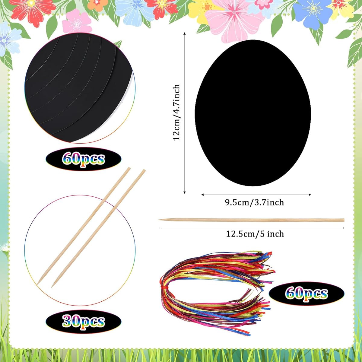 Motionchic 120 Easter Egg Scratch Cards - Rainbow Easter Scratch Paper Crafts for Kids - DIY Easter Ornaments with Wooden Sticks and Ribbons for Classroom, Easter Art Projects, Baskets, Party Favors