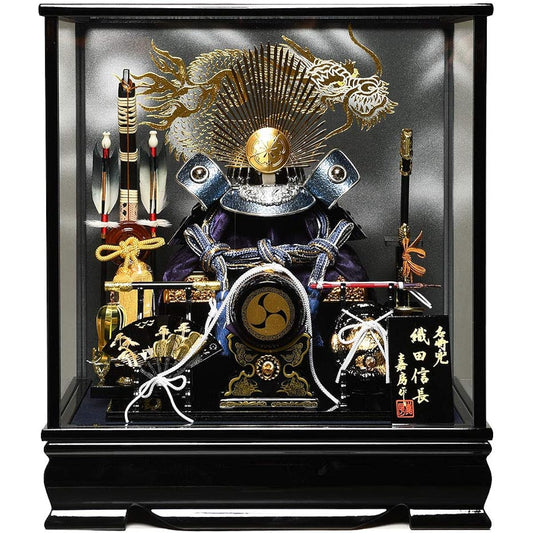 [May Doll] [Warrior Helmet] No. 12 Oda Nobunaga Blue and Silver Helmet, Black, 3 Pieces, Music Box Case: Yoshifusa Made [Tango no Sekku] [Helmet Case Decoration]