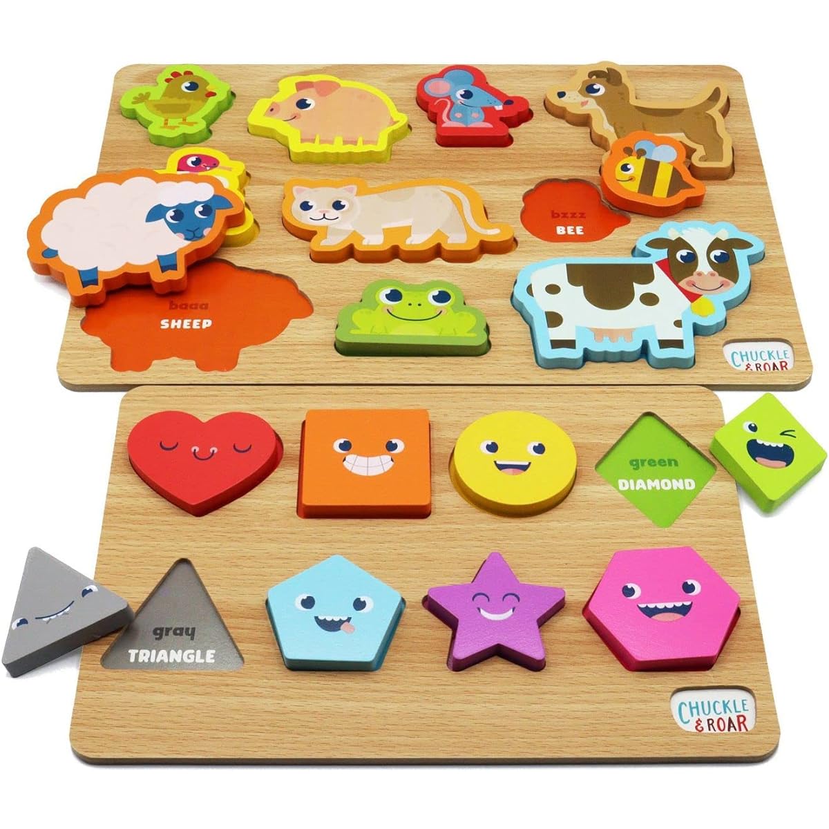 Chuckle & Roar - 2 Pack Shapes and Animals Wooden Puzzle - Fun and Educational Wooden Puzzle - Develops Fine Motor Skills - 18 Total Wooden Pieces