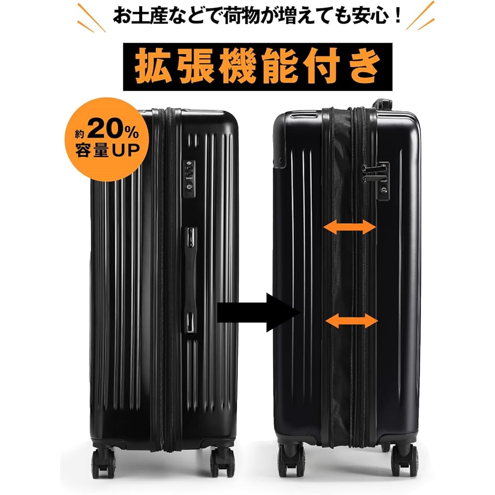 [Lipropp] Carry Case [With 20% Expansion Function] L Size 7 Nights ~ Suitcase 8 Wheel Drive 360° Smooth Travel Lightweight Durable Polycarbonate Matte Embossed Travel Business Business Black