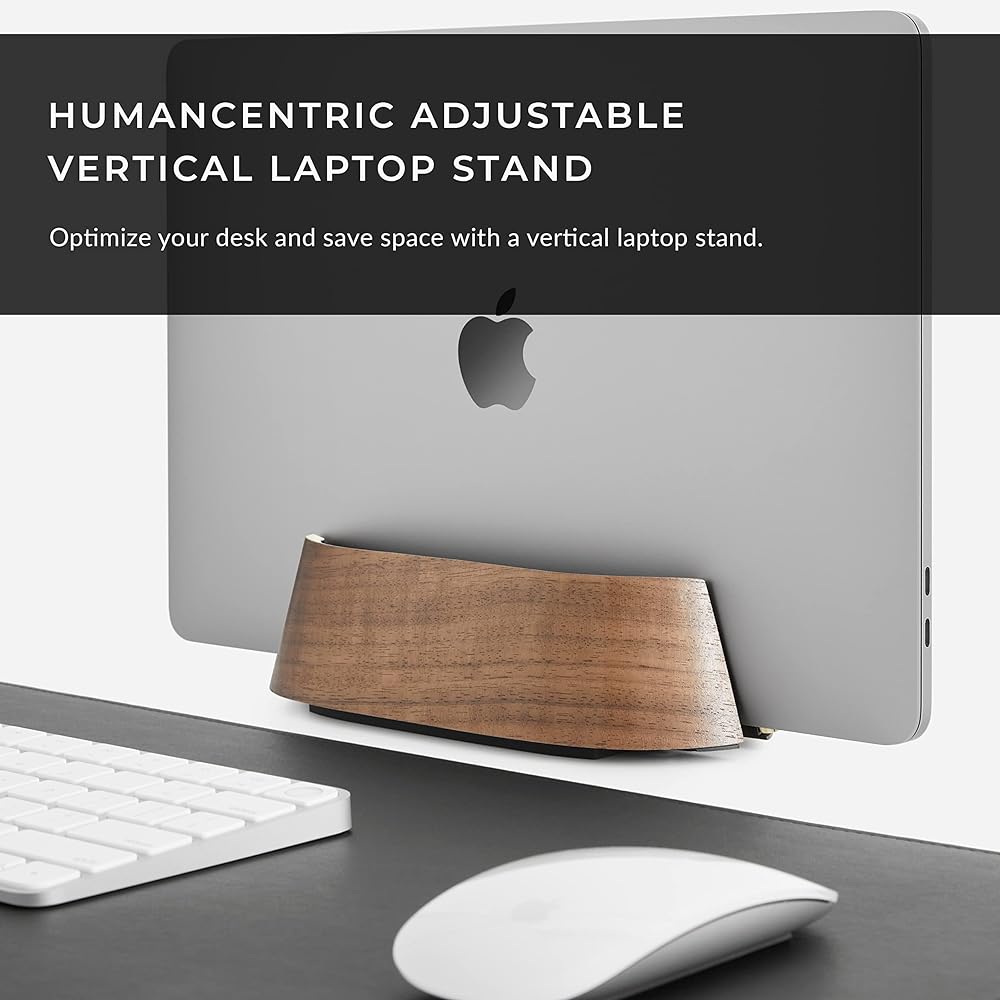 HumanCentric Laptop Holder Vertical Stand - Adjustable Holder and Dock Vertical Stand Fits MacBook Pro and Other Laptops 0.5" to 1.5" Vertical Holder for Desk Black Walnut Wood