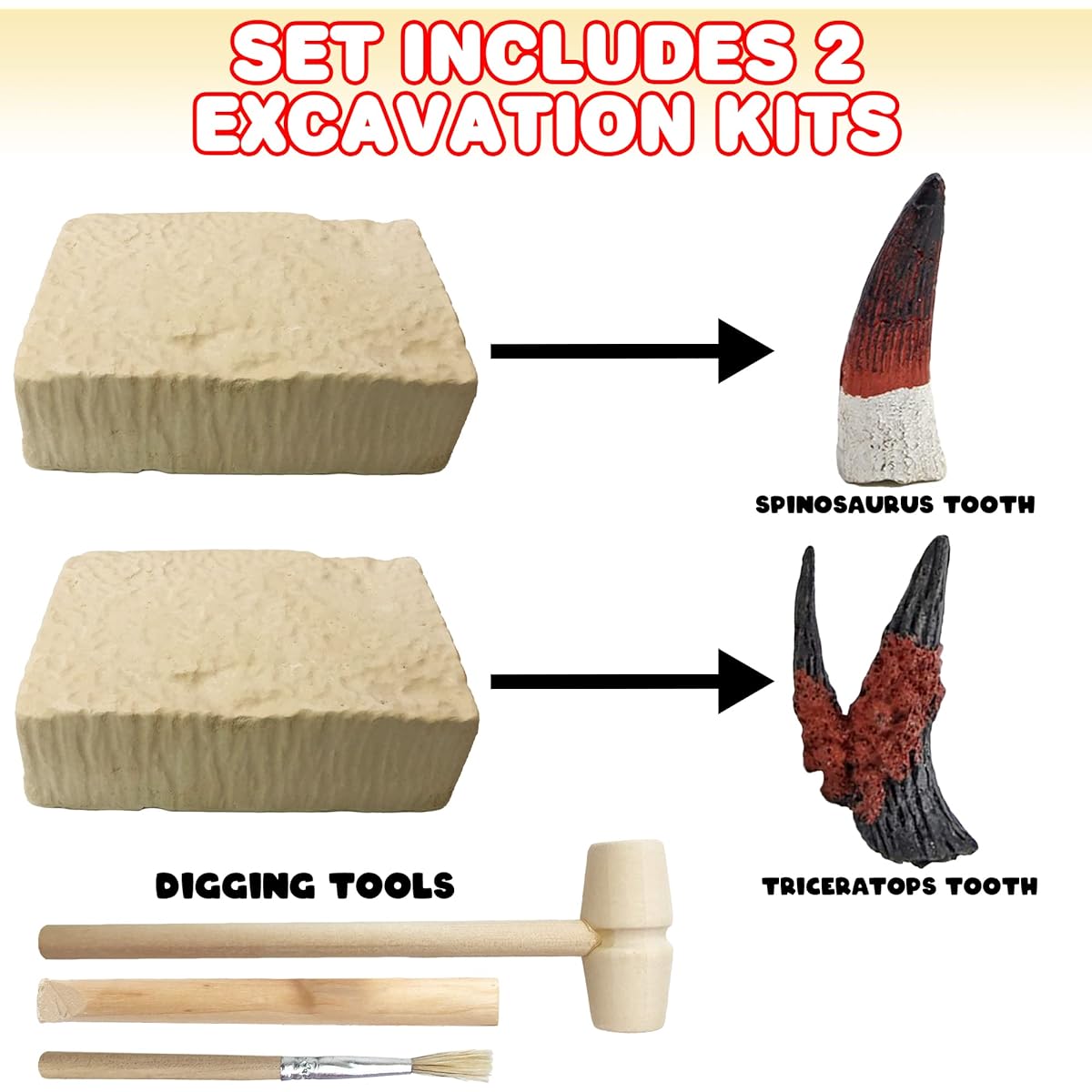 ArtCreativity Dig and Discover Dinosaur Teeth Excavation Kit for Kids - Triceratops and Spinosaurus Toy Fossil Teeth with 2 Excavation Tools - Interactive Dinosaur Gift for Boys and Girls