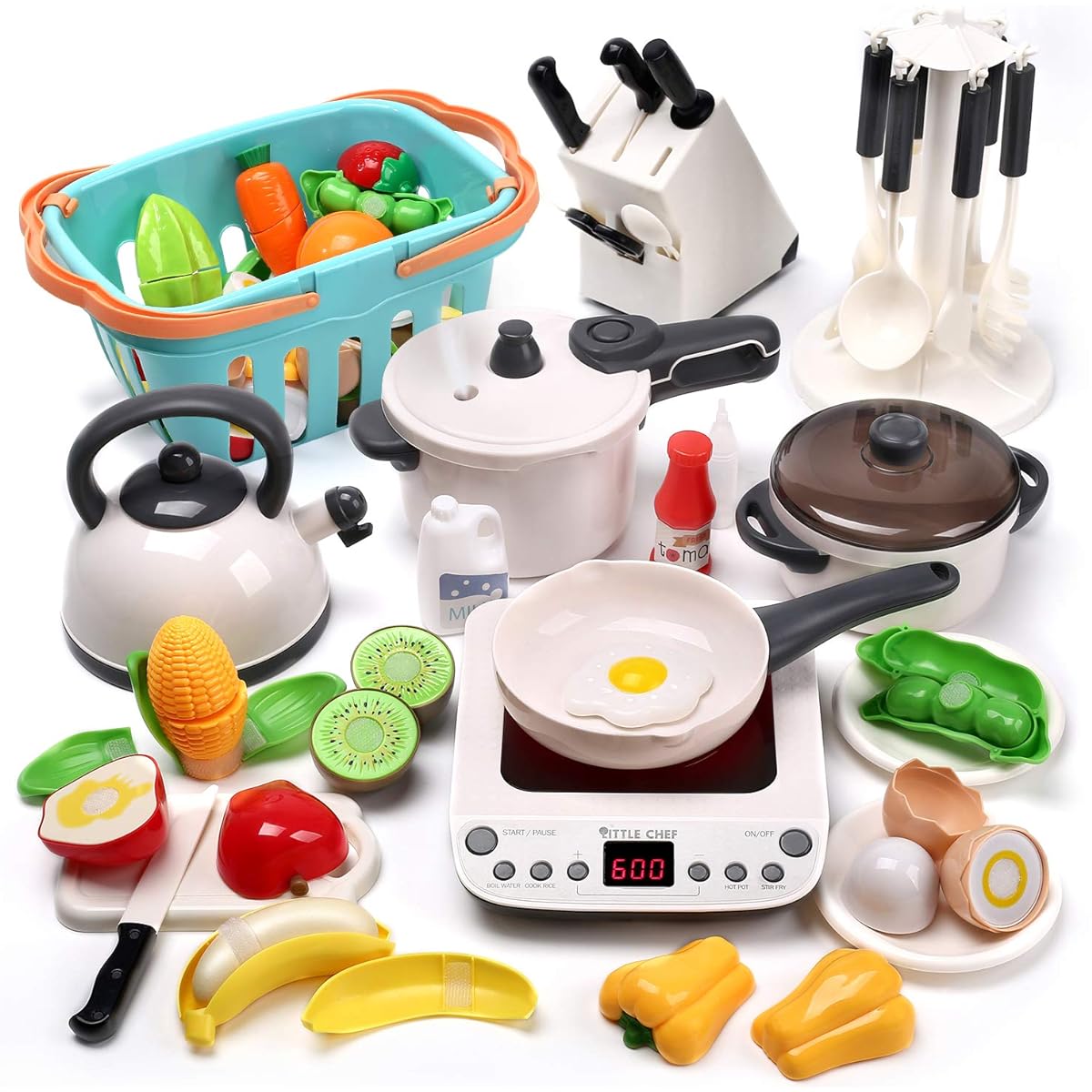 Cute Stone Pretend Kitchen Toy 40-piece Set Educational Toy with Storage Case Realistic Spray Pressure Cooker IH Cooker Pot Pretend Cooking Utensils Luxury Food Set Pretend Play Birthday Gift