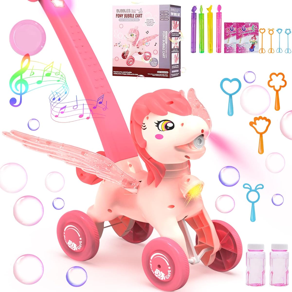 Bubble Machine Blower Lawn Mower Blaster for Kids Bubbles 1 2 3 4 5 Pink Portable Handheld Automatic Toy with Light Summer Outdoor Game Unicorn Birthday Gift for Preschool Girls