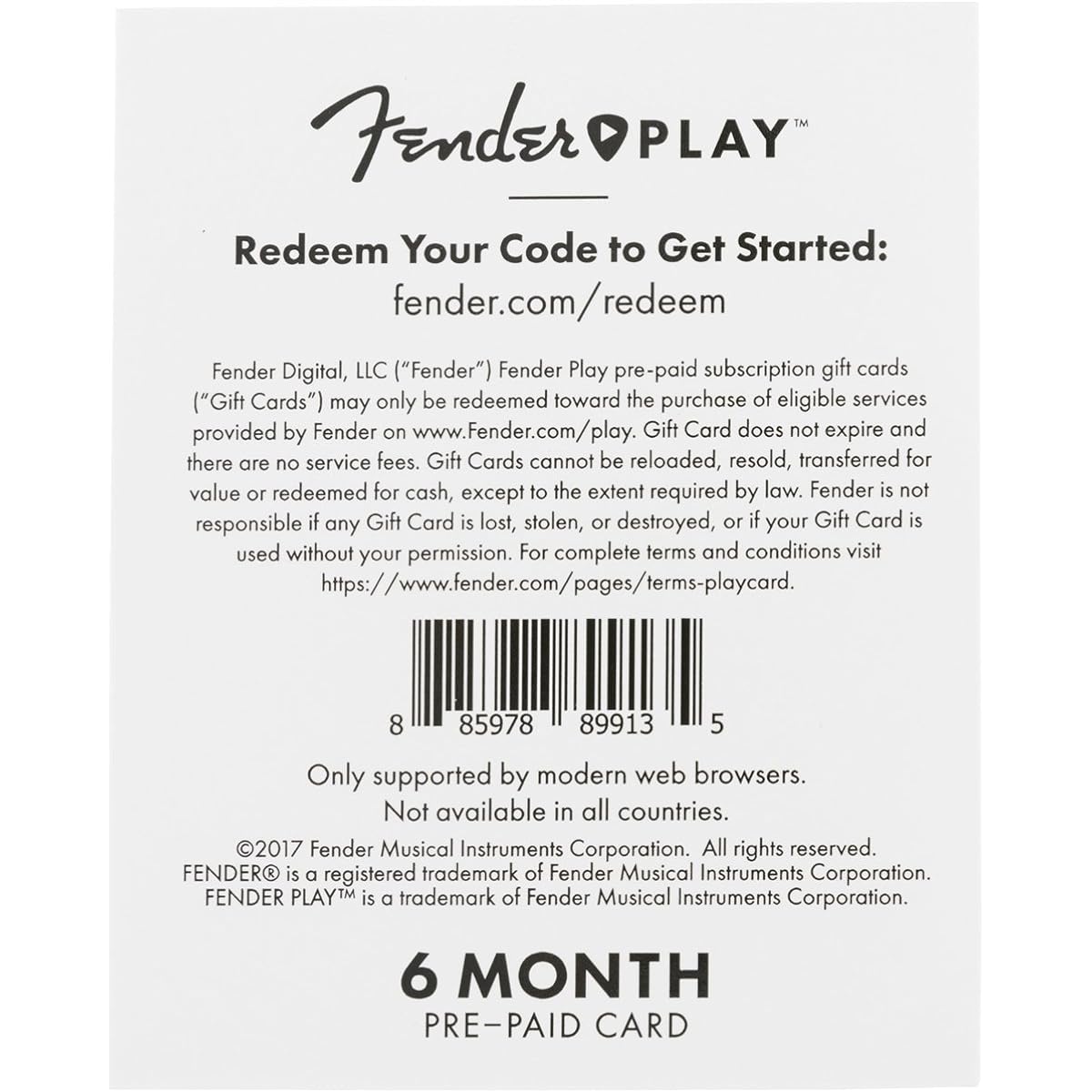 Fender Play 6 Month Subscription Prepaid Card