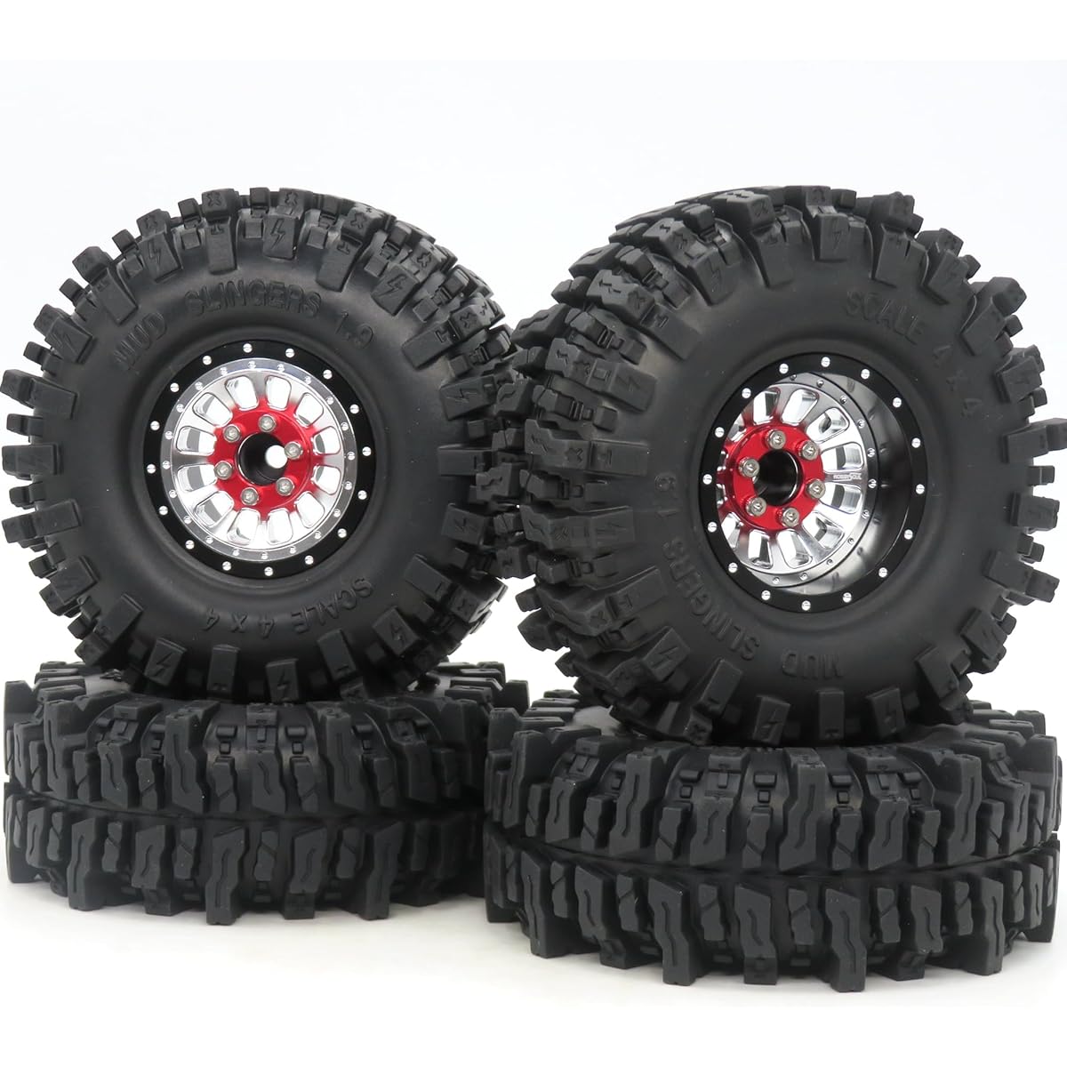 HOBBYSOUL RC Adjustable 4 Minus Offset 1.9 Beadlock Wheels & 1.9 Mud Slinger Tires Black Silver 12 Spokes 1.9 Rim Tires for 1:10 Crawler TRX4 SCX10 Gen8 (4 Pack)