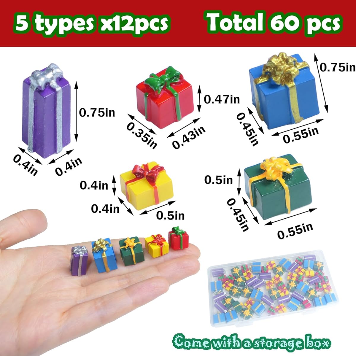 HADDIY 60pcs Christmas Miniature Gift Box Ornaments, Christmas Tree Mini Resin Charms for Craft Dollhouse and Xmax Mini Decorations