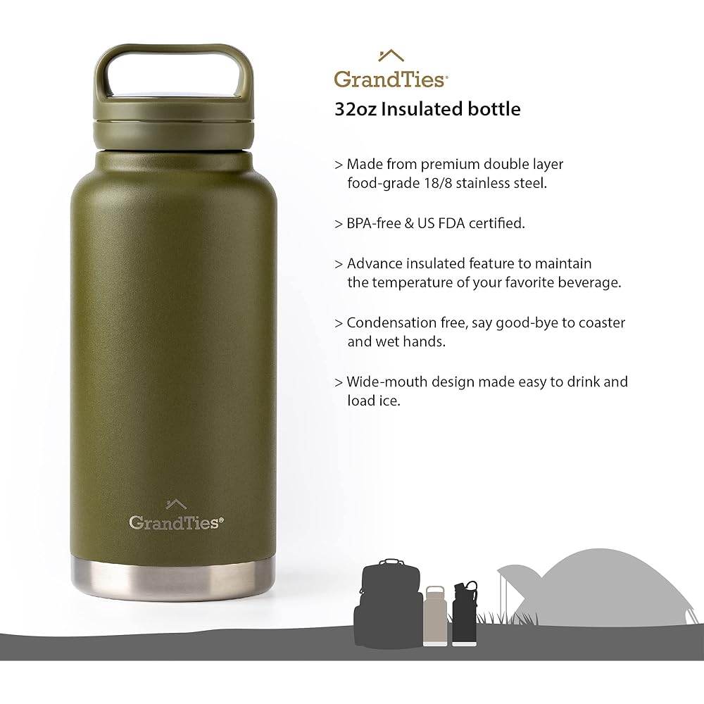 GRANDTIES Premium Water Bottle Mug Bottle Vacuum Insulated Stainless Steel Wide Mouth Bottle Big Size 946ml - Comes with 2 types of lids & Easy to clean large opening (olive green)