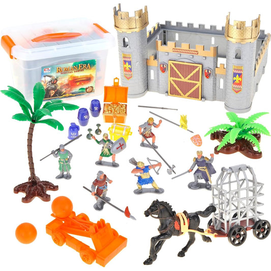 PowerTRC Roman Kingdom Action Figures Toy Army Knight Horse Castle Treasure Chest Catapult Figure Playset for Kids