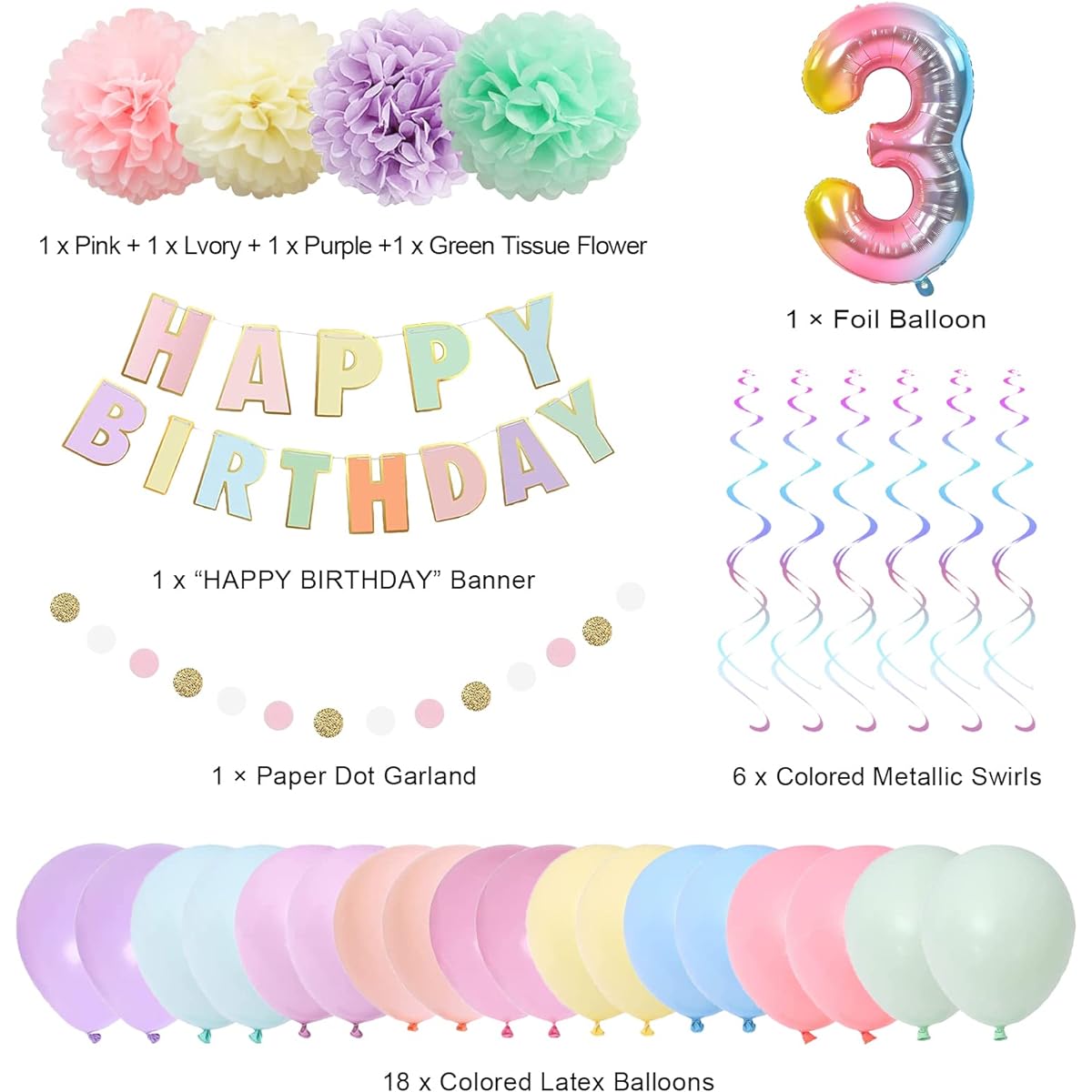 BRT Bearingshui 3rd Birthday Decorations, 40" Rainbow Gradient Number 3 Balloons, 3rd Birthday Balloons, Happy Birthday Banner for Kids, 3rd Birthday Party Supplies