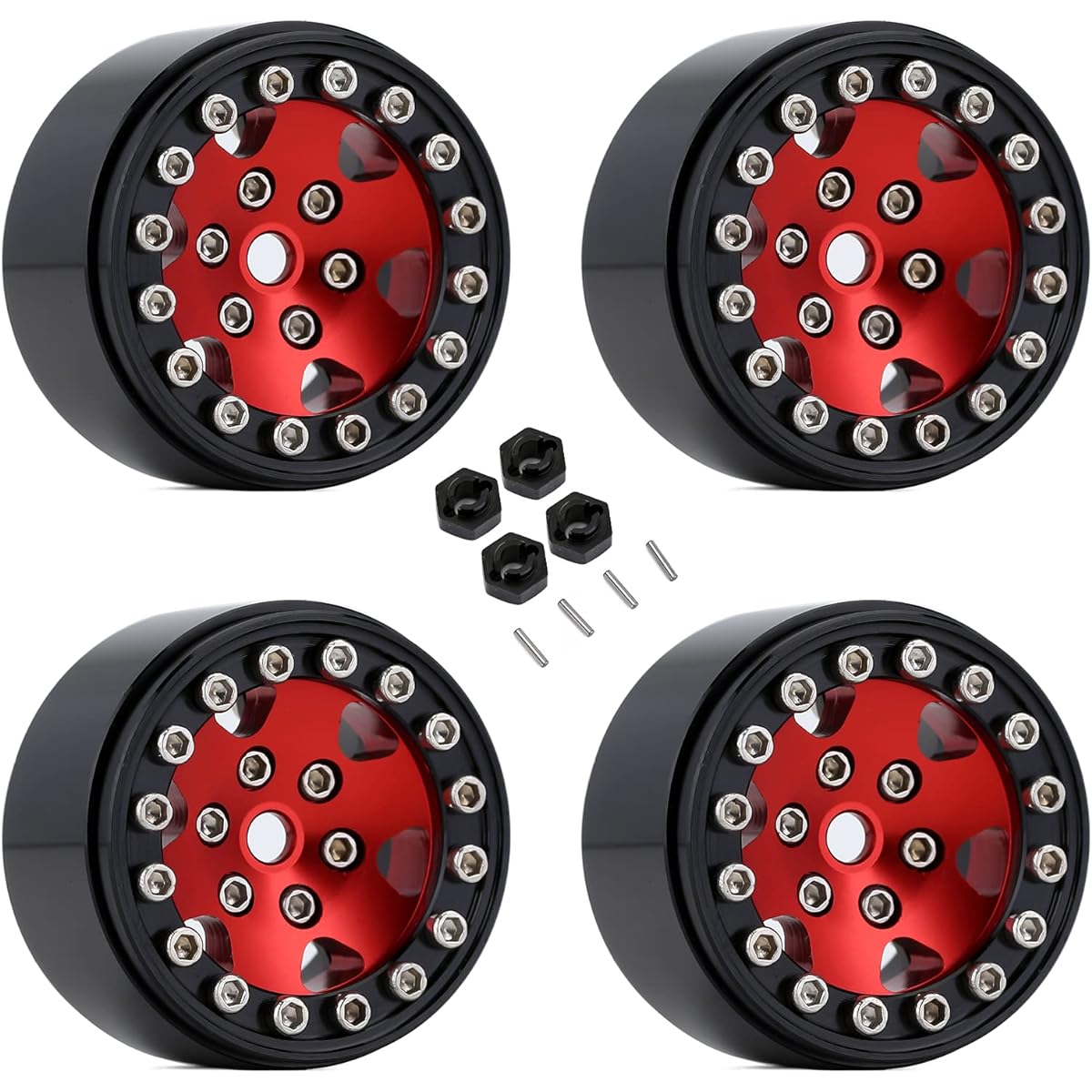 HOTSTORM 1.0 Beadlock Wheels 4pcs SCX24 1/24 RC Crawler Axle SCX24 90081 AXI00001 Deadbolt B-17 (Red)