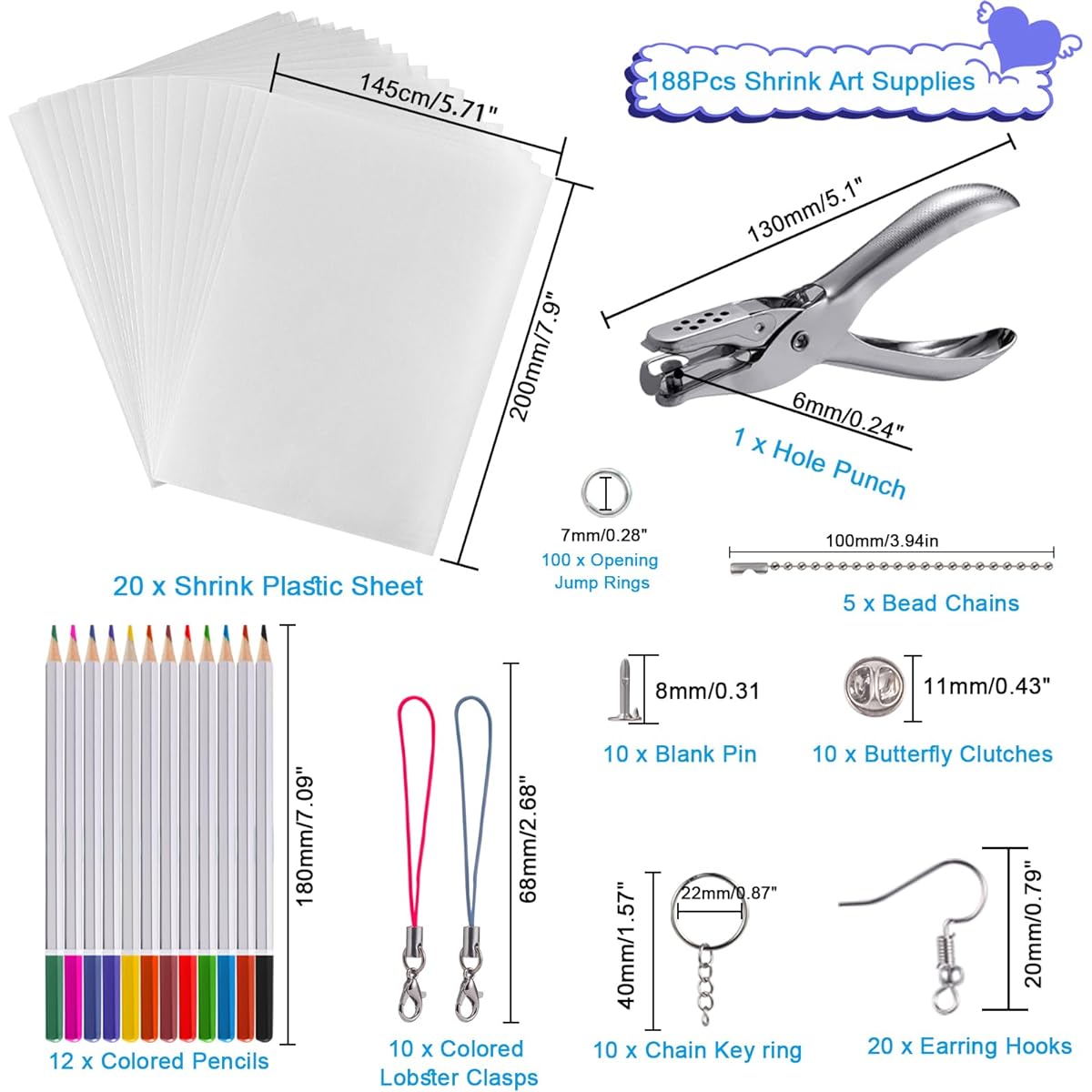 chfine Shrink Plastic Sheet Kit for Shrinky Dinks, 188 Pieces Heat Shrink Dink Key Chain Kit with 20 Sheets of Blank Shrink Film Paper and 168 Pieces Accessories for Kids Creative Arts Crafts DIY Ornaments Key Chains