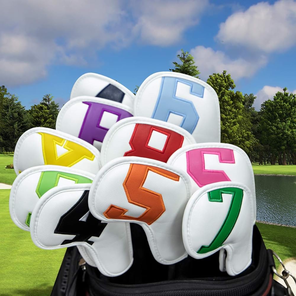 Set of 10 golf iron covers, golf head cover for irons, golf iron head cover, golf club head cover for irons, PU leather head cover for irons, iron head cover with colorful numbers, Velcro closure (4-9, P, A, S, X)