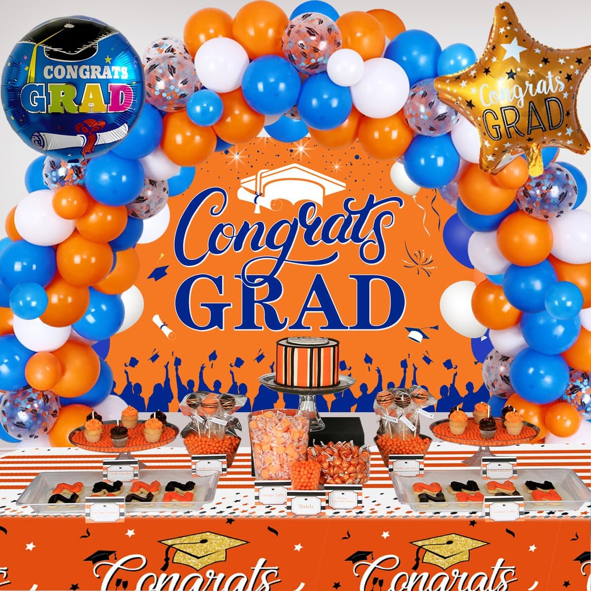 Graduation Decorations Orange and Blue 2023 - Blue Orange White Balloon Garland Graduation Celebration Tablecloth Backdrop Blue Orange Star Foil Balloons for 2023 High School College Graduation Party