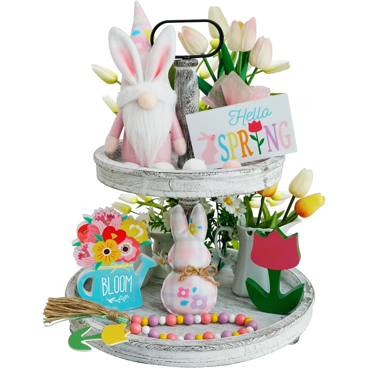 Spring Decor, Easter Bunny Gnome Tiered Tray Decor, Plush Bunny, Easter Gnome Stuffed Animals, Spring Wood Sign, Flower Bead Garland, Easter Farmhouse Kitchen Table Decor, 6 Pieces