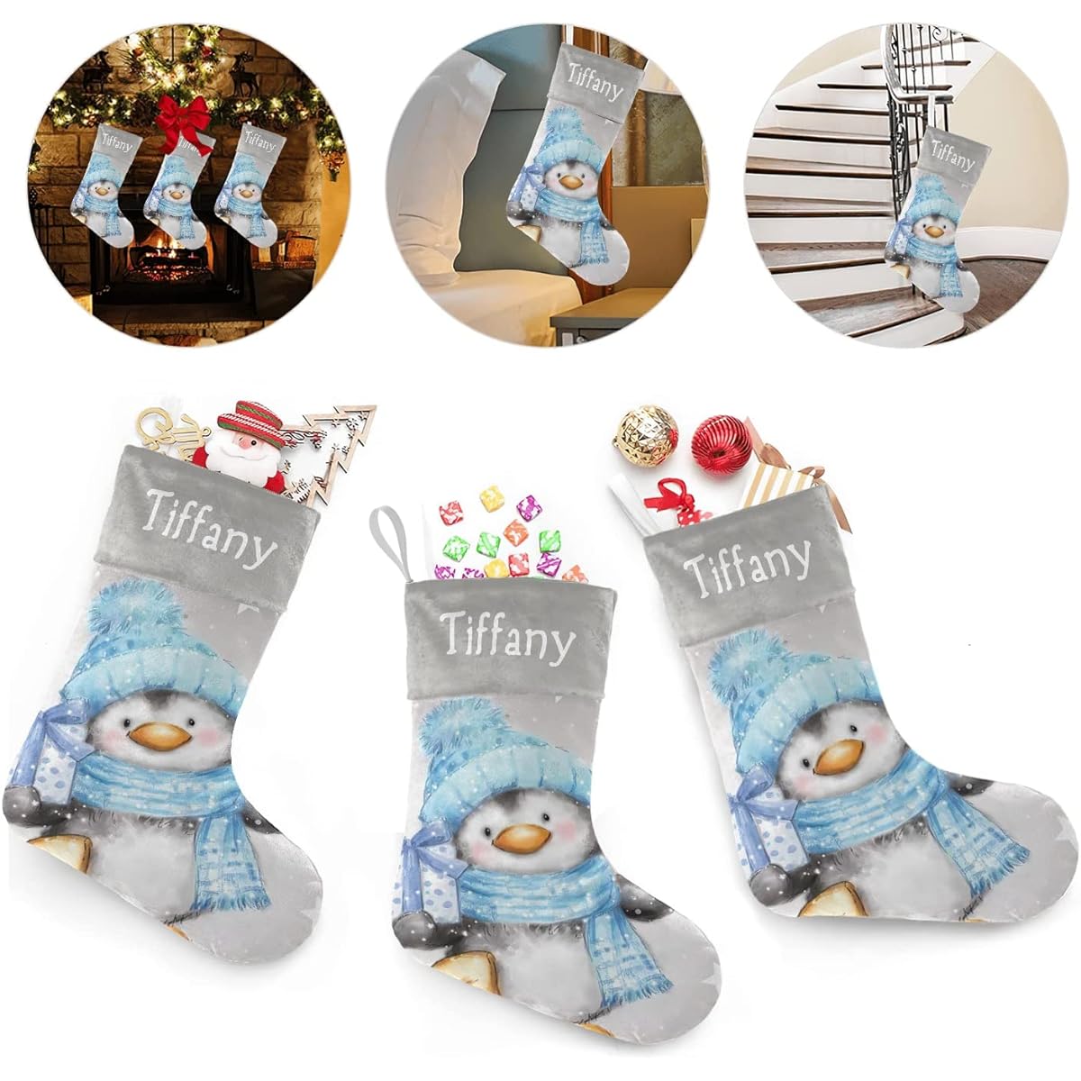 XOZOTY Penguin Star Personalized Christmas Stockings Family Holiday Decorations Christmas Gifts 17.52 x 7.87 Inch