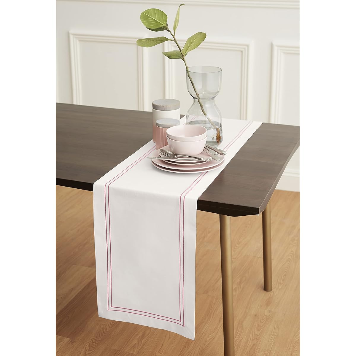 Solino Home Cotton Linen Table Runner - 14" x 90" White and Cosmo Pink - Machine Washable Embroidered Table Runner for Kitchen Dining - Positano Handcrafted from Natural Materials