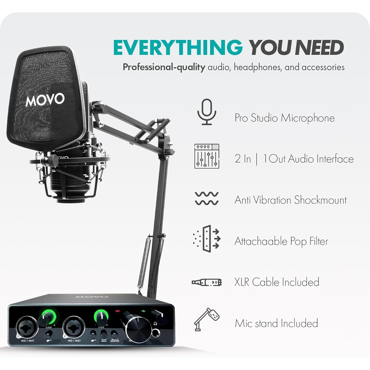 Movo VSM-5 Large Diaphragm Professional Condenser Microphone Kit with MDX-1 2x2 Audio Interface and Articulating Scissor Arm Mic Stand Podcast Equipment Set for YouTube, Podcasts, Streaming