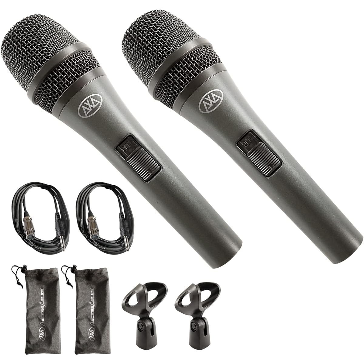 AxcessAbles Dynamic Wired Handheld Microphone 2 Pack with 10ft Mic Cable, On/Off Switch, and Carry Pouch (2 Pack) | XLR Microphone for Singing, Karaoke, Speaking | MC-20 (2 Pack)