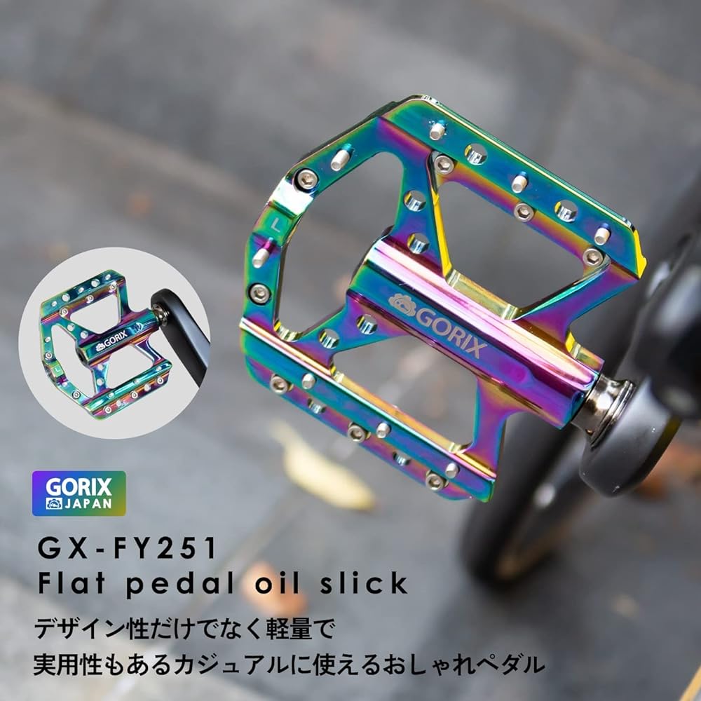 GORIX Bicycle Pedal, Oil Slick, Flat Pedal, Lightweight, Aluminum (GX-FY251), Stylish, Thin, Wide Body, Wide Spike Pin, Anti-Slip, Cycle Pedal, Road Bike, Cross Bike, Mountain Bike, and Other Bicycles
