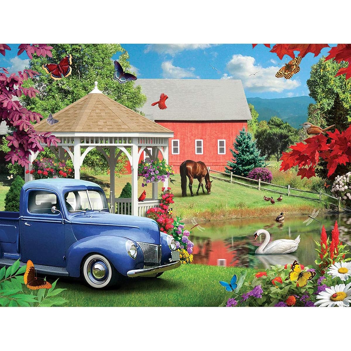 Bits and Pieces Jigsaw Puzzle 300 Pieces for Adults 18" x 24" - Simpler Times - 300 Piece Spring Barn Blossoms Car Jigsaw Puzzle Artist: Alan Giana