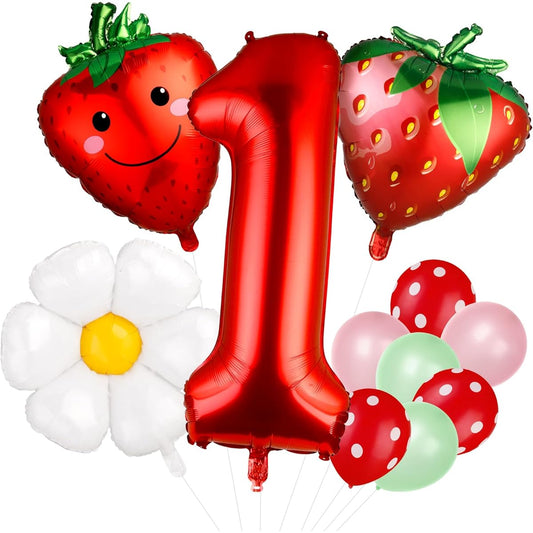 Auidy_6TXD Strawberry Balloons 19pcs Strawberry Birthday Decorations Berry First Birthday Party Supplies for Girls Sweet Fruit Party Supplies