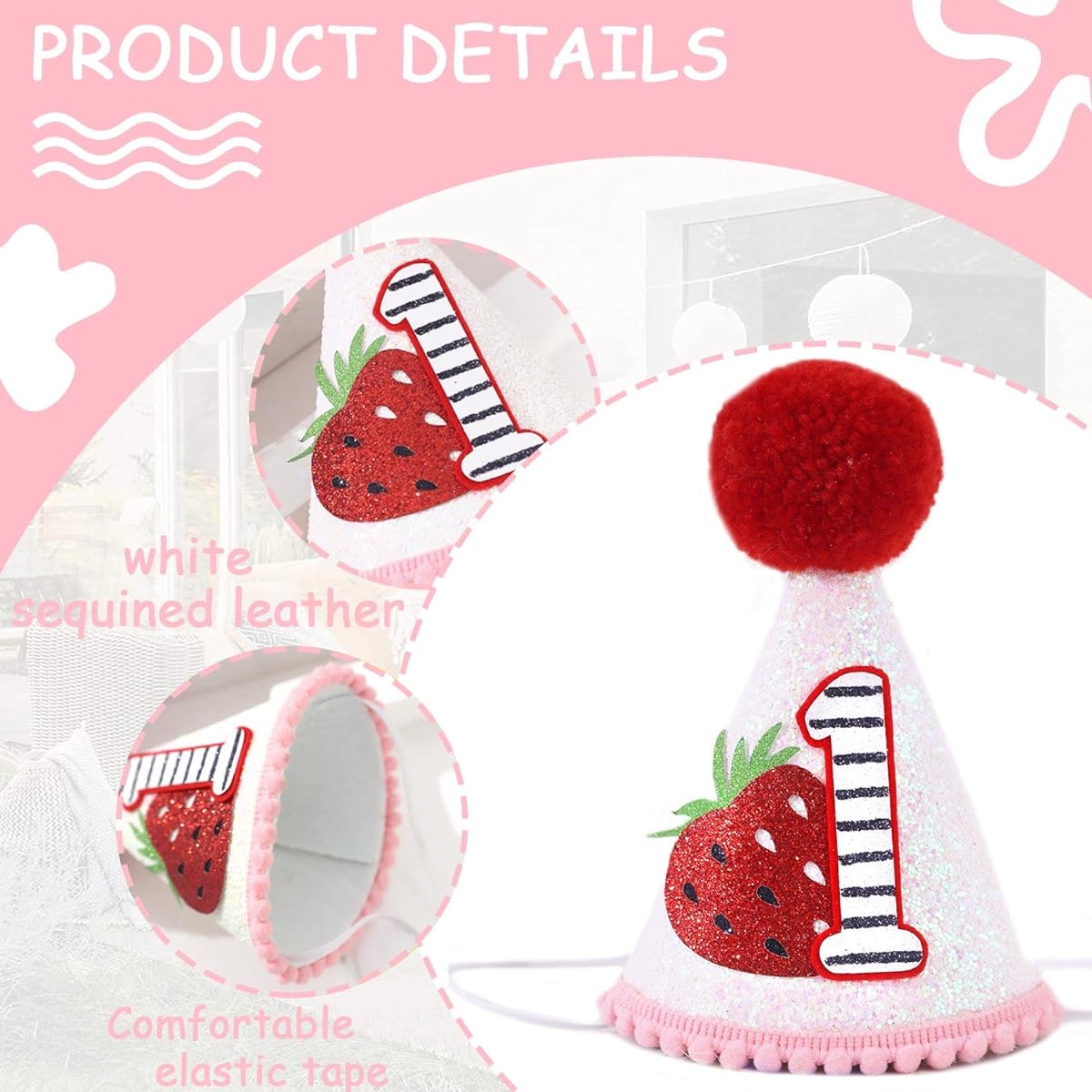 Girls 1st Birthday Strawberry Hat - Strawberry First Birthday Party Decorations, Strawberry Berry Sweet Birthday, Sweet One Birthday Outfit, Pink Gingham Party Strawberry Hat, Red, 3.5in, 3.1in