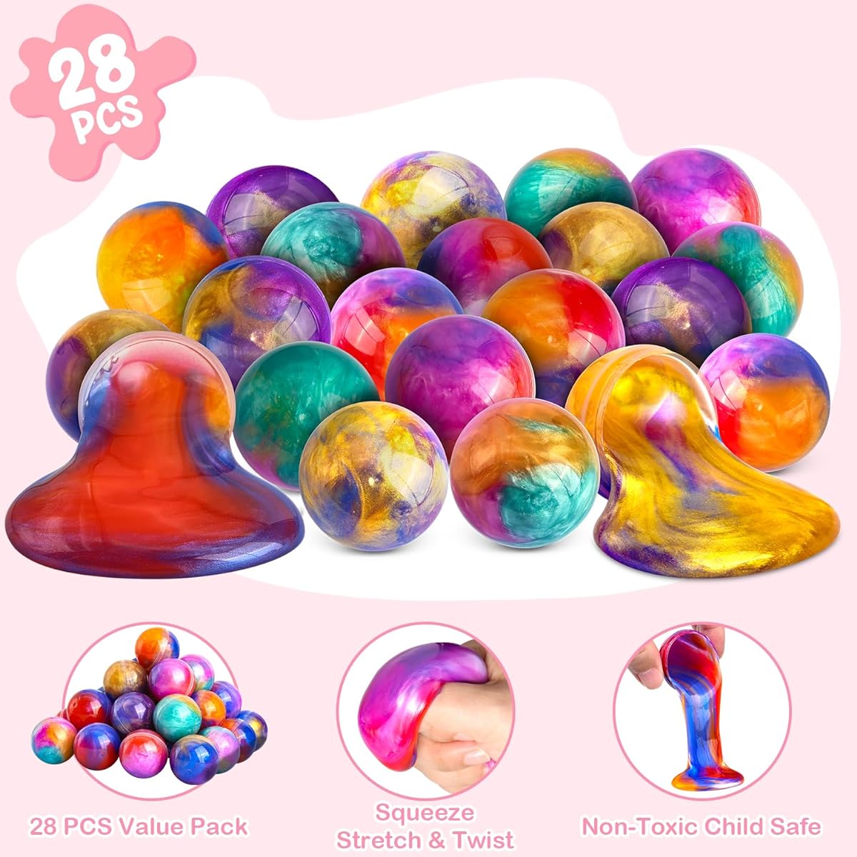 SURCVIO 28 Pack Valentine's Day Gifts for Kids Galaxy Slime with Greeting Card Box Stress Relief Fidget Toys Kids Party Favors Valentine's Day Class Exchange Favors Gift Set