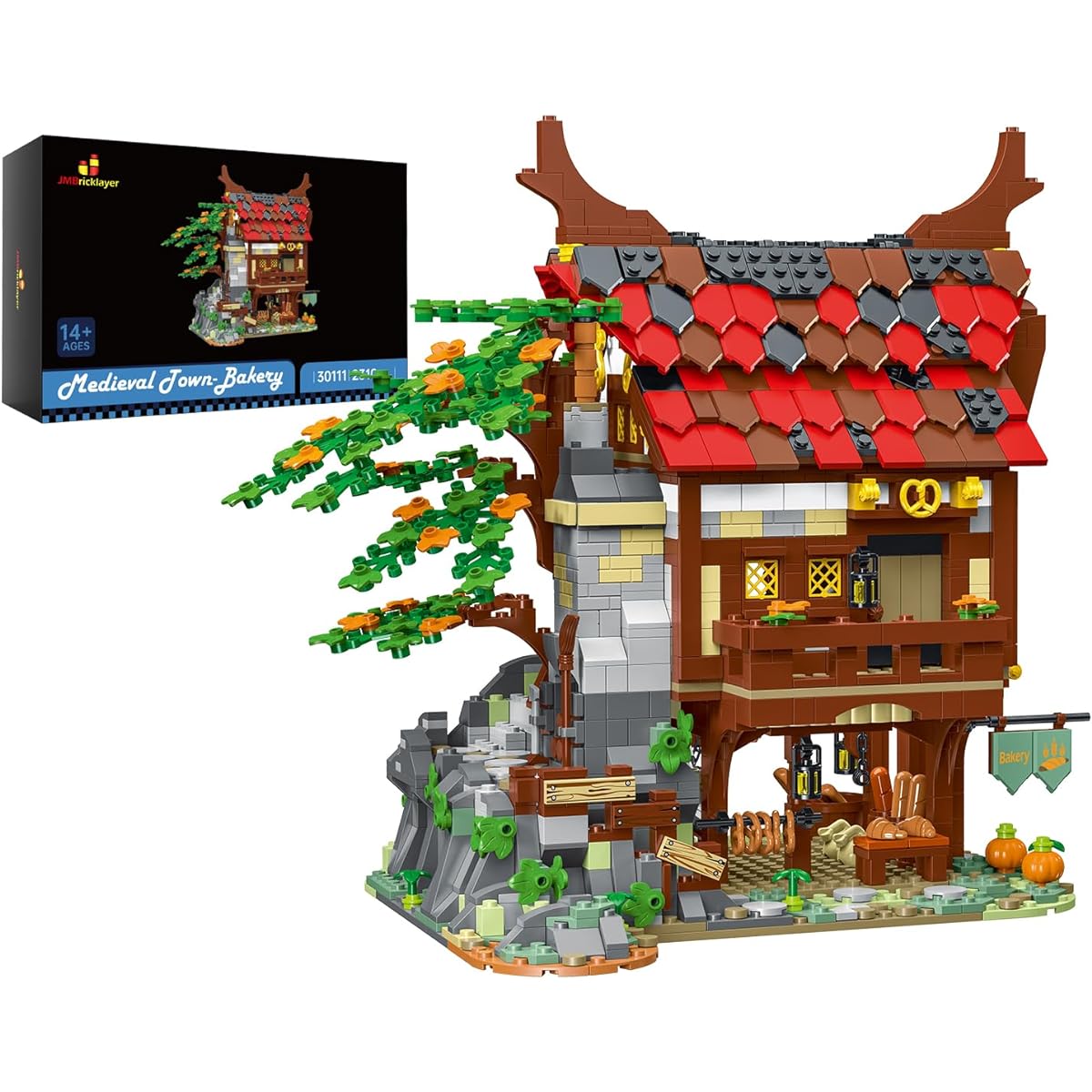 JMBricklayer Medieval Town Bakery Building Set 30111 Adult Modular Building House Kit Creative Street View Block Model Toy Collection Display Office Room Decoration for Teens/Adults