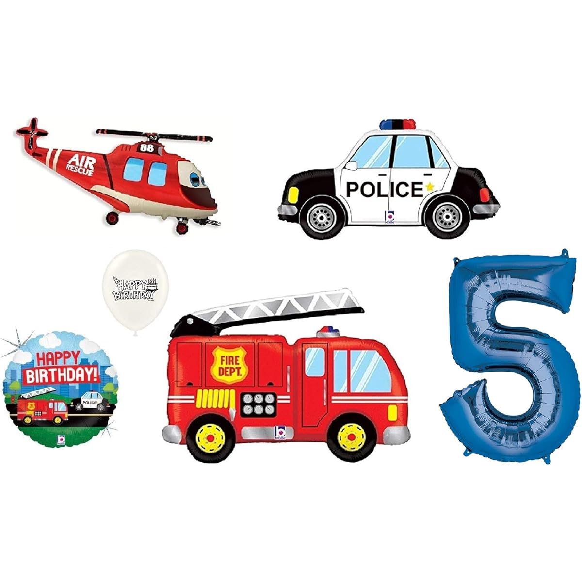 Ballooney's Blue Numbers (1st-9th Birthday Options) Rescue Team Ambulance Fire Truck Police First Responders Themed Birthday Party Balloon Bouquet, White 562789