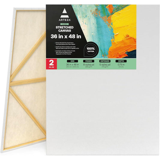 Arteza 36x48" Stretched Blank Canvas, 2 Bulk Pack, Primed, 100% Cotton, for Acrylic Poring, Oil Paints, Water-Based Paints, Professional Artists, Hobby Painters, Beginner Canvas