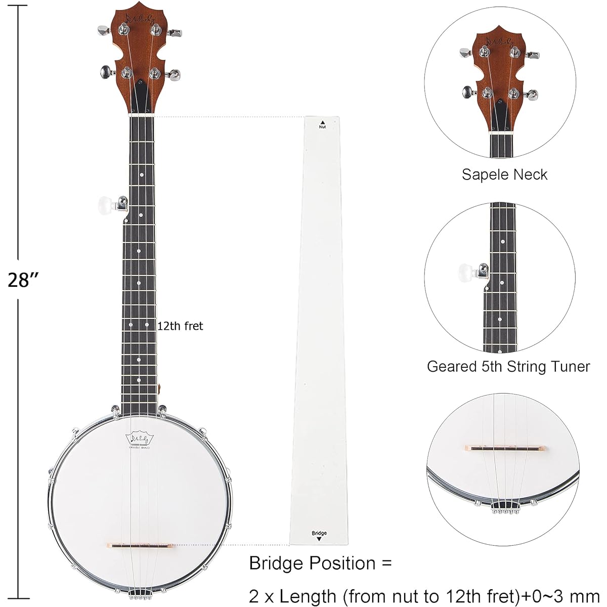 Mulucky 5 String Banjo Mini - 28" Travel Banjo Sapele Body Closed Solid Back Beginner Kit with Gig Bag Pick String Strap - B806
