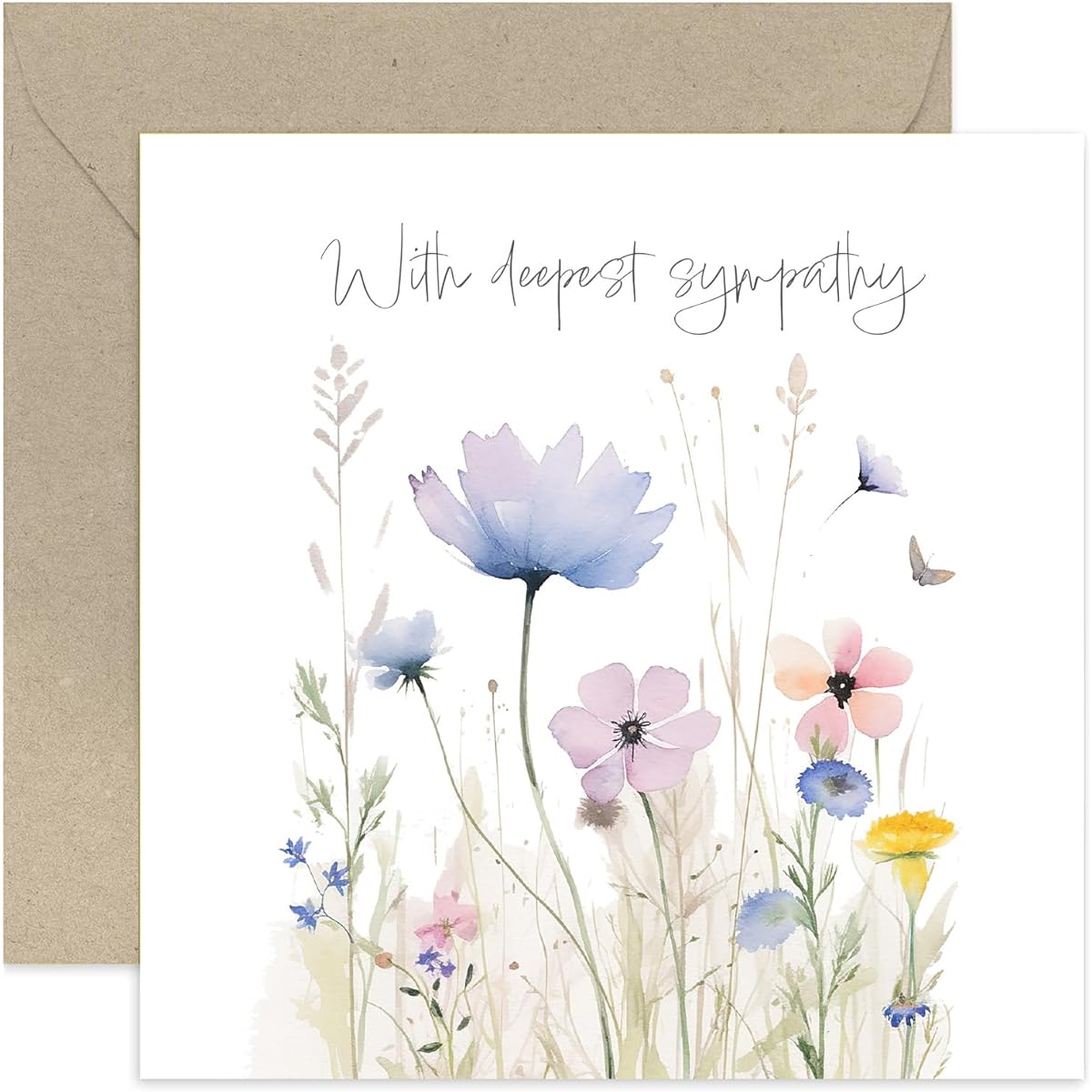 Old English Co. "With Deepest Sympathy" Sympathy Greeting Card for a Loved One - Watercolor Flower Meadow Butterfly Sympathy Card - Thinking of You Card for Men and Women | Blank Envelope Inside