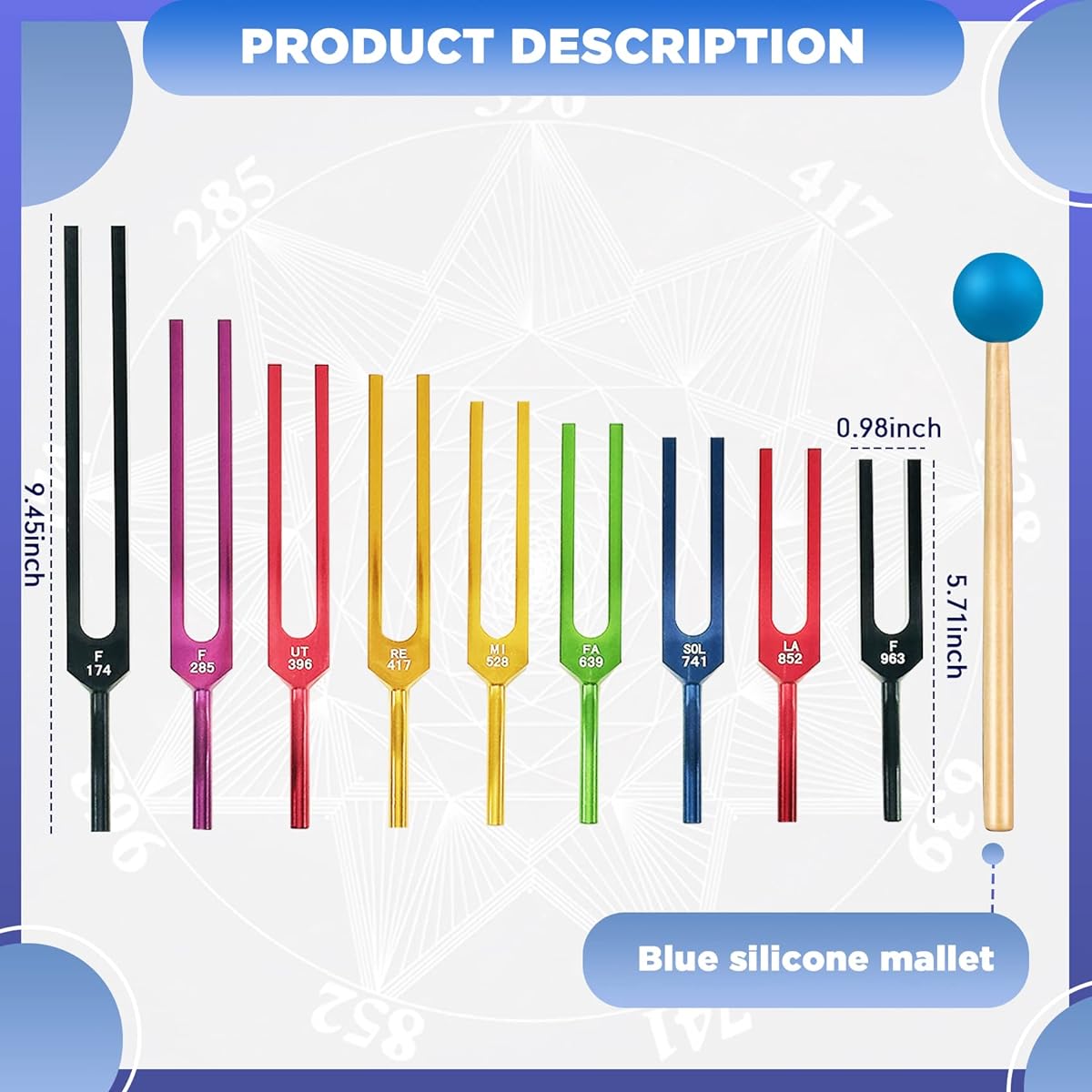 TENFLY Solfeggio Tuning Fork Set - 9 Tuning Forks DNA Healing Chakra Sound Therapy Multicolor with Exquisite Aluminum Gift Box (174Hz, 285Hz, 396Hz, 417Hz, 528Hz, 639Hz, etc.)