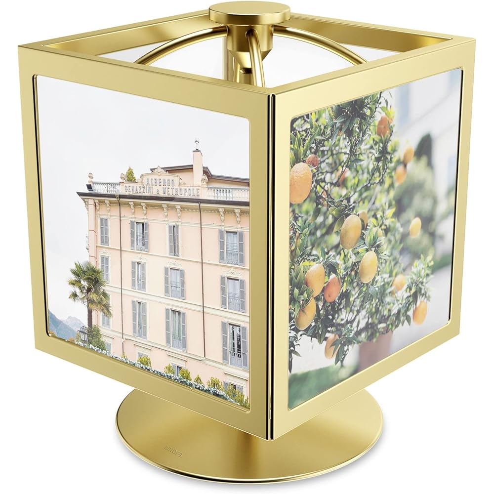 umbra Photo Frame Rotating Photo Display Tabletop 4 Photo Frame Brass ROCKER 21016502221 W11 x D11 x H15cm