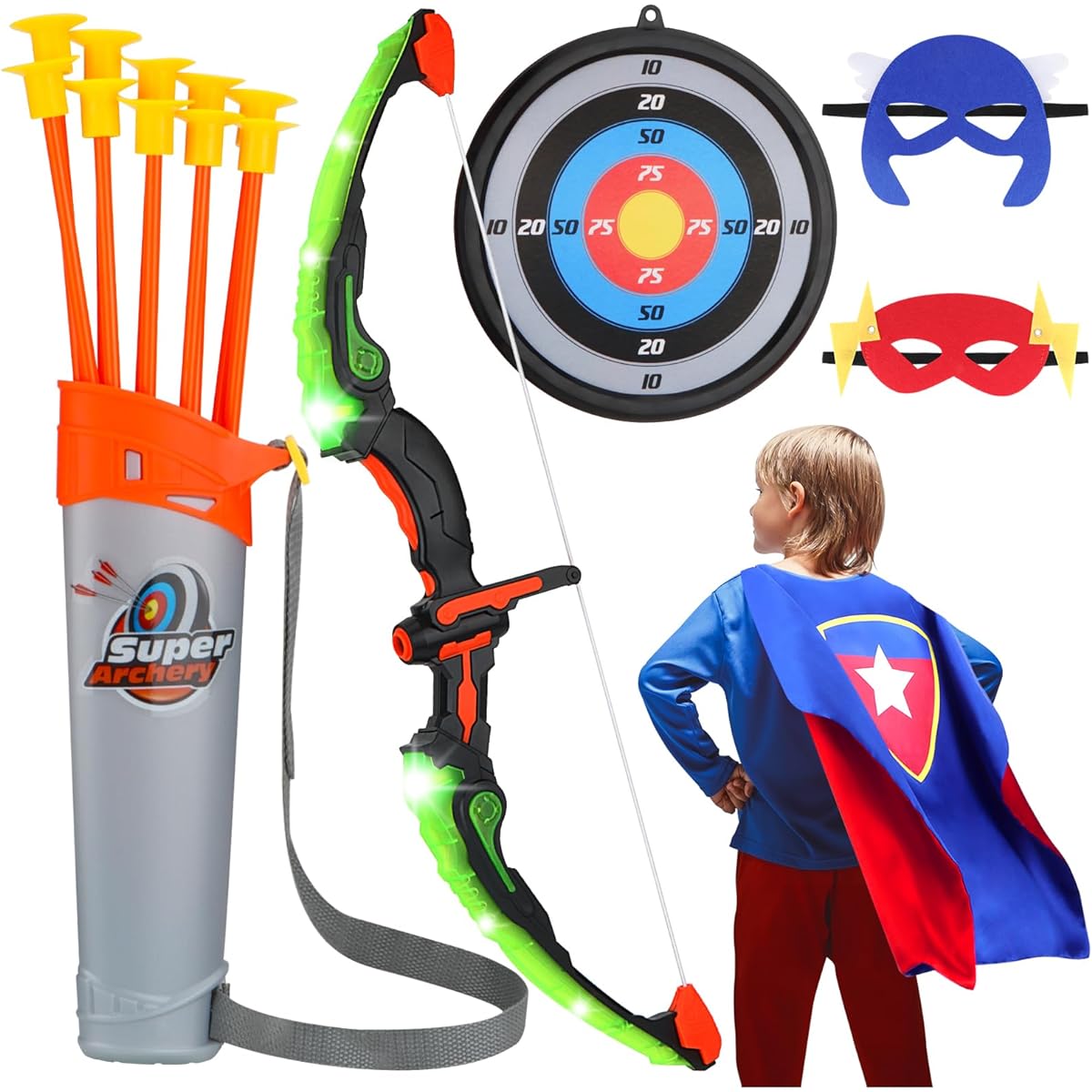 VGOFUN Bow and Arrow Set for Kids, LED Light Up Archery Toy Set with Double Sided Superhero Cape and 2 Felt Masks, 10 Suction Arrows, Target and Quiver, Outdoor Toys, Gift for Boys/Girls Age 3-12
