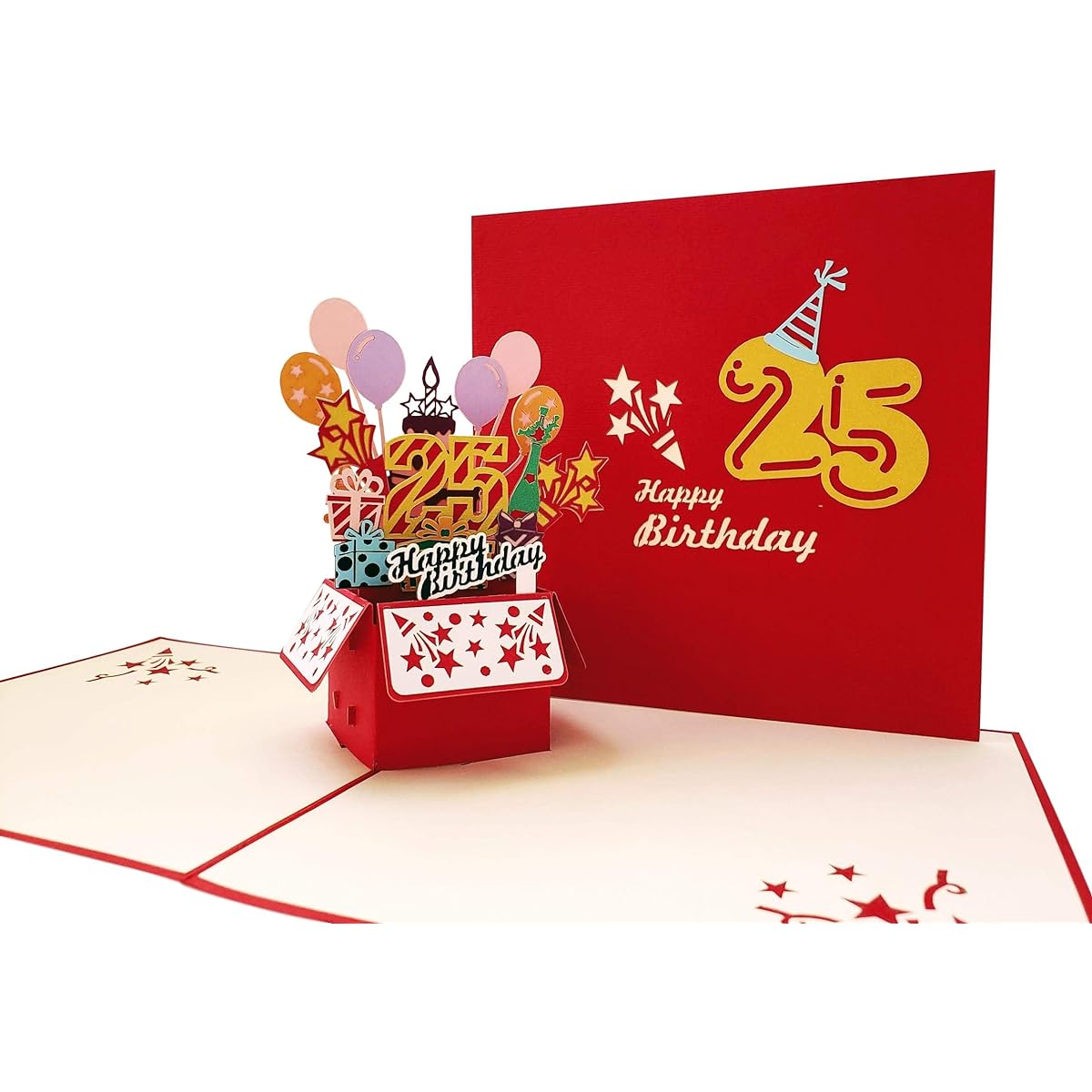 iGifts And Cards Happy 25th Birthday Red Party Box 3D Pop Up Greeting Card - Amazing Balloon Unique Celebration Feliz Cumulenos Cute Present