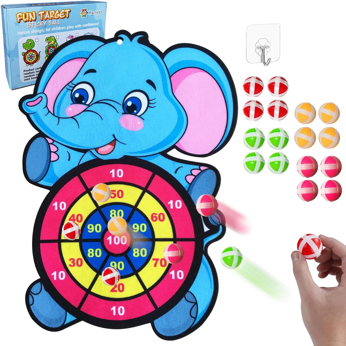 Big Elephant Dart Board for Kids with 16 Sticky Balls - Indoor Outdoor Multiplayer Sports Party Game Cartoon Animal Dart Board Elephant Toy for Kids Ages 3 4 5 6 7 8 9 10 Toddlers Boys Girls