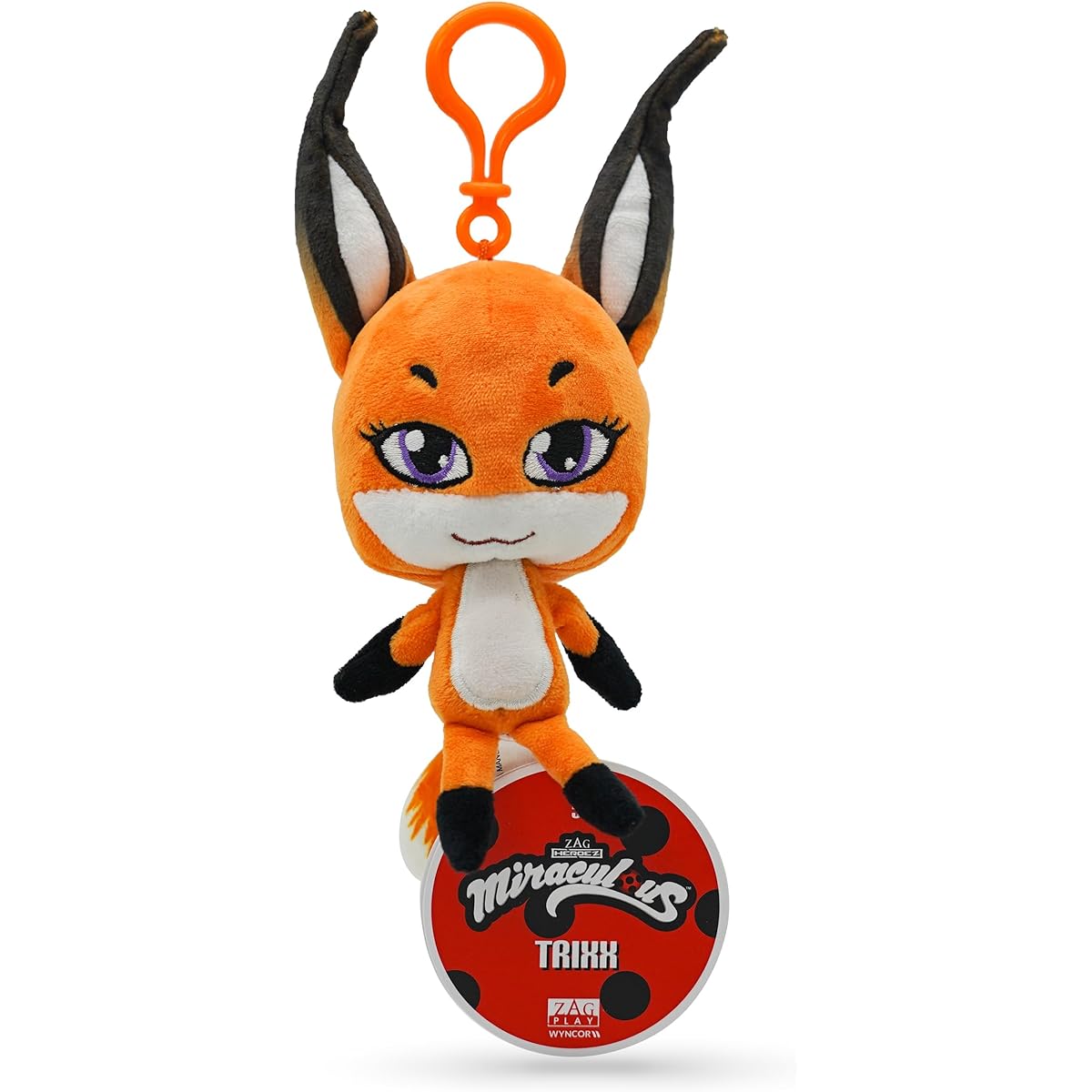 Miraculous Ladybug - Kwami Lifesize Trixx, 5" Fox Stuffed Animal Clip-on Toy for Kids Super Soft Collectible Stuffed Animal with Glitter Stitched Eyes and Color Matching Backpack Keychain (Winko)