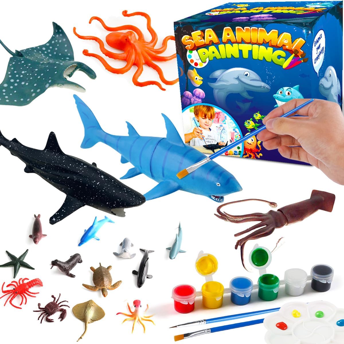 FUNZBO Painting Set for Kids - Arts & Crafts Art Set Art Supplies Painting Tools Animal Toys Birthday Gifts for Girls Boys (Ocean Theme)