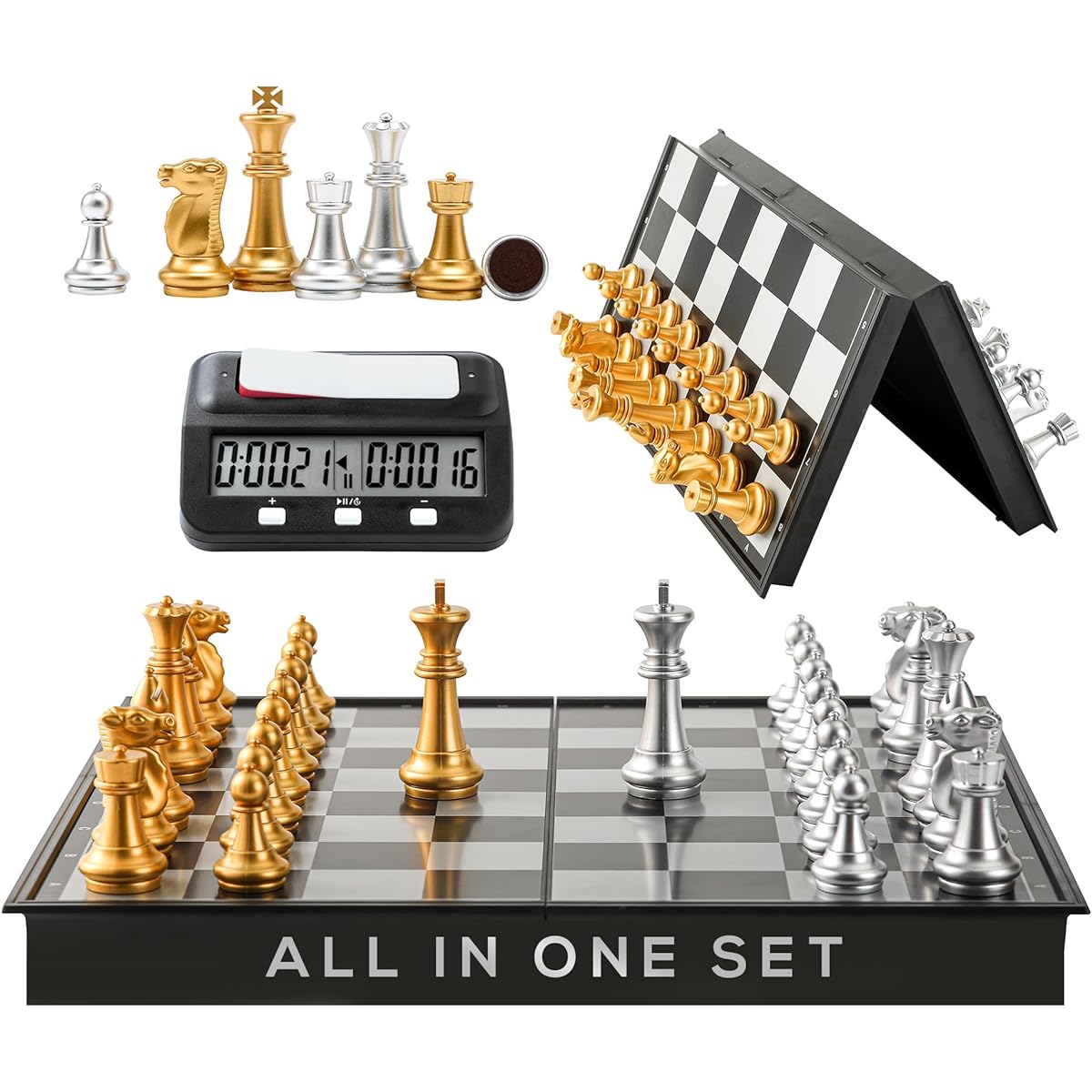 Magnetic Chess Board Game & Digital Chess Clock Timer - Professional Chess Set 14" x 14" Chess Board - Travel Chess, Board Games