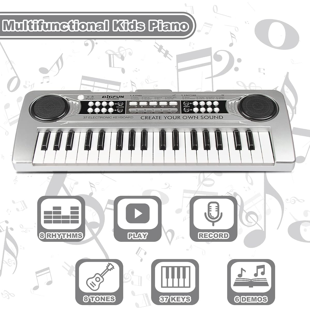 EOOLEOW Kids Piano Keyboard 37 Keys Portable Digital Piano with Microphone Music Keyboard Piano Toy for 3 4 5 6 7 8 9 Year Old Boys and Girls (Silver)