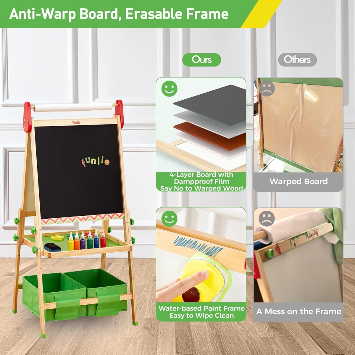 FUNLIO Art Easel for Kids 2-8 Years Anti-Warp Board & Erasable Frame, Toddler Painting Easel with Magnetic Chalkboard/Whiteboard, 3 Adjustable Heights, All-in-One Standing Easel with Paper Roll, Green