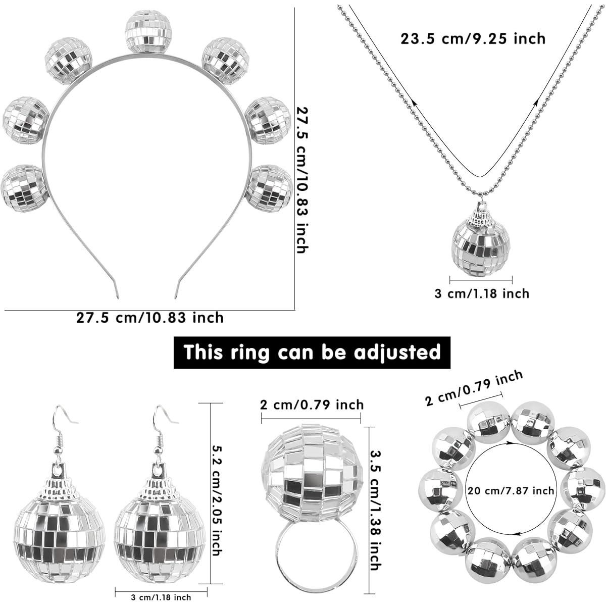 Fahacop 6 Piece Disco Accessories Set for Women Disco Ball Headband Necklace Bracelet Ring Earrings 70s Dance Party Costume Accessories, Plastic, No Jewels