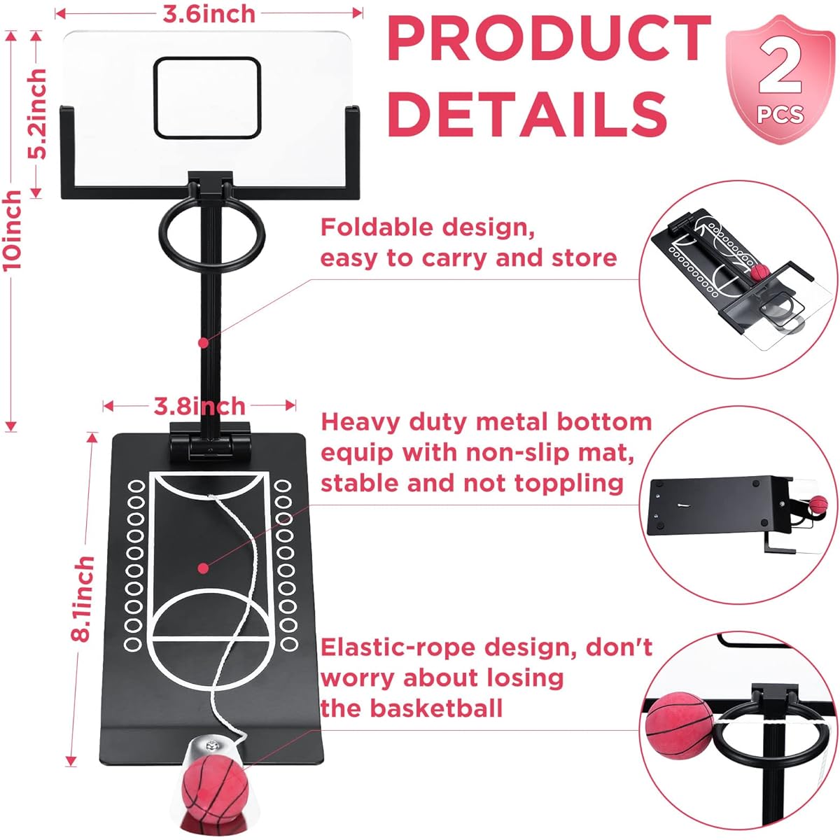Mini Desktop Basketball Game Toy Metal Tabletop Basketball Hoop Game Desk Toys for Office Adults Fun Sports Novelty Toy Gag Gift Birthday Gift 2pcs